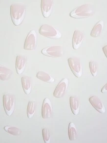 30 件/套短款杏仁白色法式时尚设计全覆盖假指甲贴片按压式美甲用品适合办公室女士、派对和日常佩戴全覆盖假指甲贴片 + 1 瓶果冻凝胶 + 1 个指甲锉装饰你的指甲提升你的时尚品味指甲