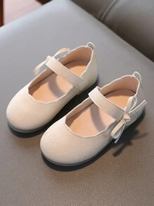 1 Pair Plain Minimalist Bow Decor Mary Jane Flats For Girls, Suitable For Spring & Summer - Beige - View 1