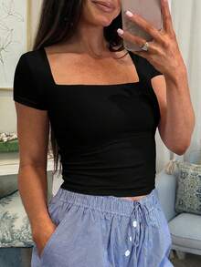 Plus Size Women Y2K Style Square Neck Solid Color Short Sleeve T-Shirt - Black - View 10