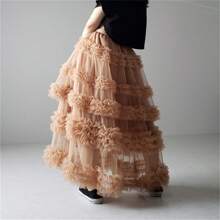 Women's Tulle A-Line Long Skirt High Waist Sheer Mesh Tiered Ruffled Skirt For Summer, Spring - 卡其色 - 查看 3