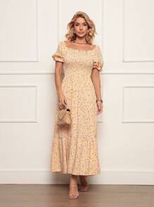 Long Dress With Puffed Sleeves Elastex Print - Yellow - View 1
