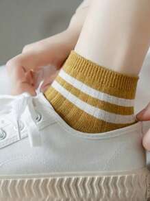 8 Pairs Women Maillard Color Sporty Ankle Socks, Striped Socks, Comfortable Breathable High-Quality Socks Suitable For Daily Exercise, Casual Wear, College Style, Girly Style, All Seasons, Fit For Various Shoes