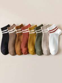8 Pairs Women Maillard Color Sporty Ankle Socks, Striped Socks, Comfortable Breathable High-Quality Socks Suitable For Daily Exercise, Casual Wear, College Style, Girly Style, All Seasons, Fit For Various Shoes