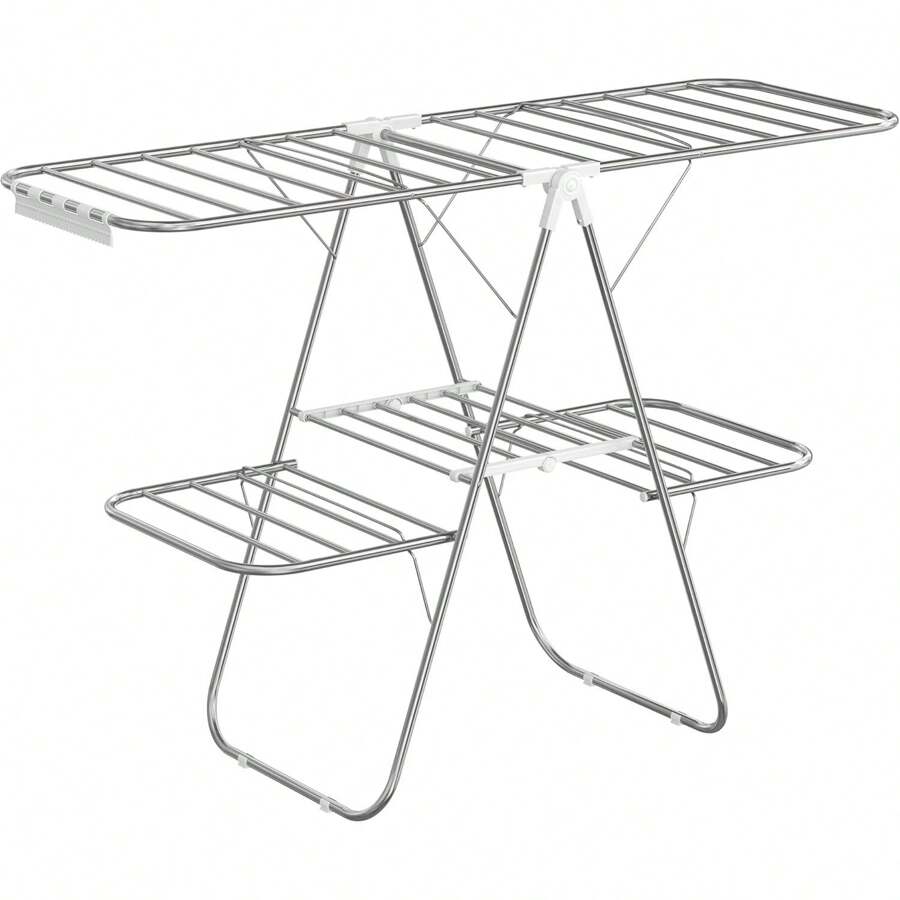 Clothes Drying Rack, Foldable 2-Level Laundry Drying Rack, Free-Standing Laundry Airer, With Height-Adjustable Wings, 33 Drying Rails, Sock Clips, Silver And White - Silve + White_ - View 1
