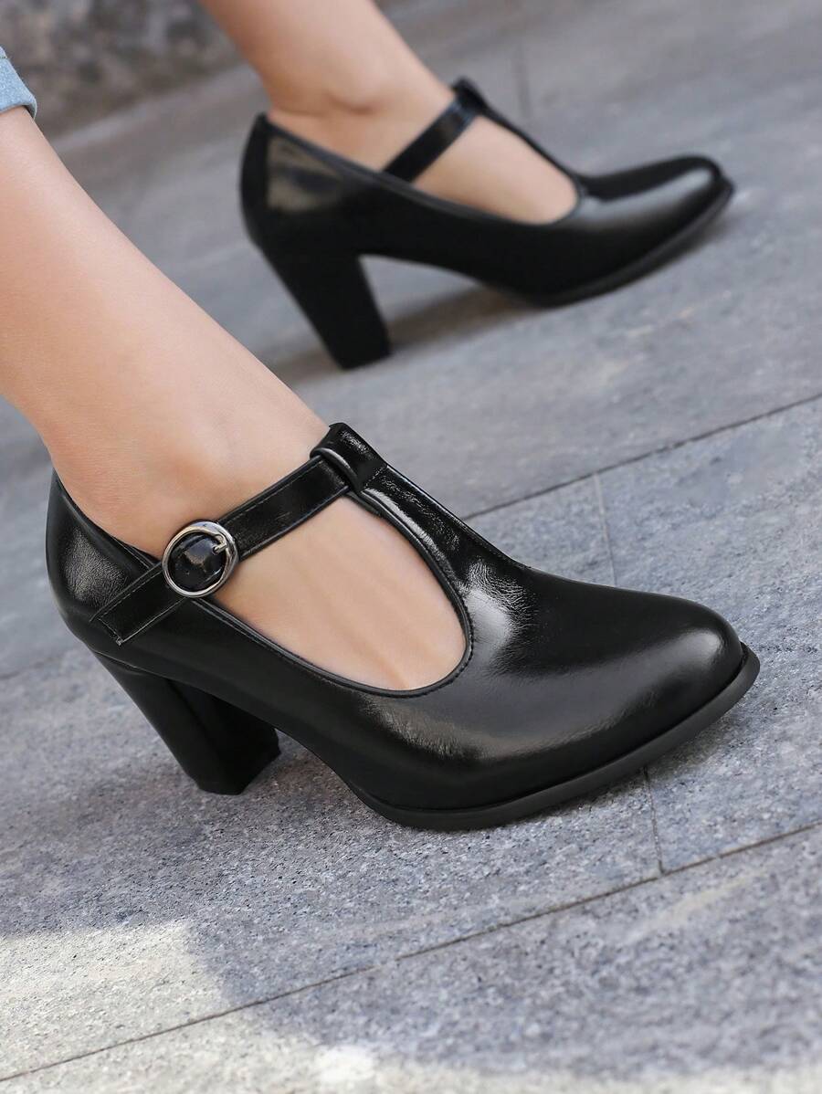 黑色高跟鞋，PU 厚跟 T 型带圆头玛丽珍鞋，适合女士，四季皆宜 - 黑色 - 查看 1
