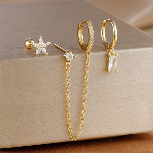 Conjunto de 3 brincos de argola banhados a ouro 18K com corrente dupla para mulheres, zircônia cúbica em formato de flor, pinos de cobre e aço inoxidável, joias para piercing de cartilagem
