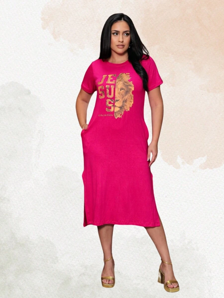 Women's Fashion Evangelical Long Dress With Elastane Lion Of Judah Midi With Slit With Pocket Christian - 玫紅色 - 查看 1