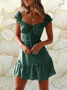 Women's Fashionable Ruffle Sleeve Mini Dress With Sweetheart Neckline And Summer Print - 墨綠色 - 查看 1