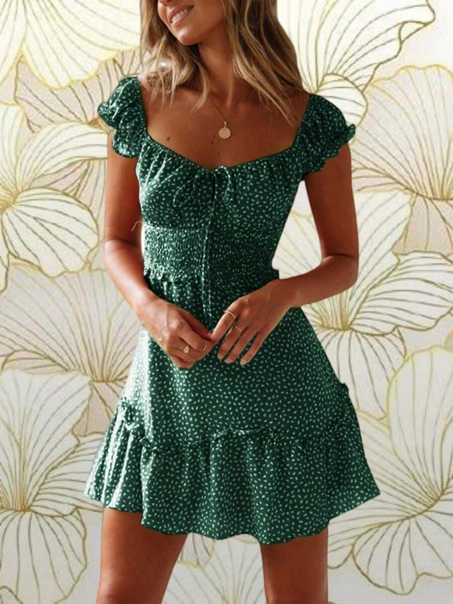 Women's Fashionable Ruffle Sleeve Mini Dress With Sweetheart Neckline And Summer Print - 墨綠色 - 查看 1