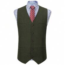 Mens Herringbone Tweed Suit Vest Four Pockets Retro Tweedy Wool Waistcoat - Army Green - View 2