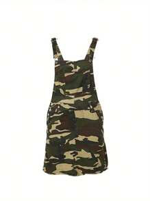 Denim Overalls Mini Dress For Women High Stretchy Adjustable Strap Jean Short Dress With Pockets, Solid Color/Camouflage/4th Of July USA Flag Print Sleeveless Suspender Dress - 軍綠色 - 查看 3