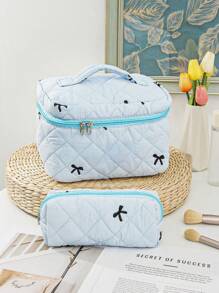 1 Pieza Conjunto de bolsa de maquillaje acolchada con moño, bolsa de cosméticos portátil grande y linda de gran capacidad, organizador de artículos de tocador para viajes, bolsa de maquillaje esponjosa de mano, estuche para productos de cuidado de la piel, esencial para cruceros, necesario para dormitorios, regalo para dama de honor de boda, regalo para mamá, regalo de cumpleaños, regalo para amigos, regalo para maestros, decoración del hogar