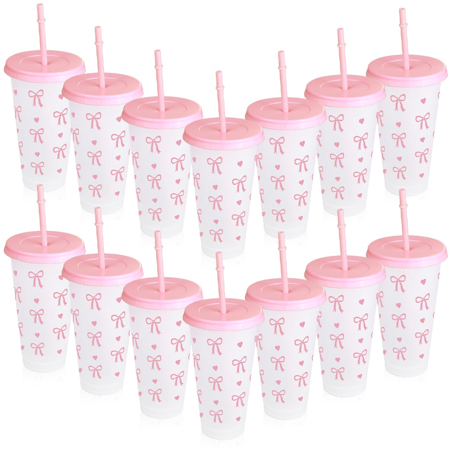 5/10pcs Pink And Red Ribbon Bow & Heart Plastic Tumblers With Straws And Lids, Ribbon Bow Flat Bottomed Cup, Pink Plastic Cup, Coffee Mug, Reusable, Suitable For Cold Drinks, Home, Office, Decoration, Party Gifts, Daily Use, Weddings, Commemoration Day, Afternoon Tea, Valentine's Day, Birthday, Parties, Water Bottle Back To School