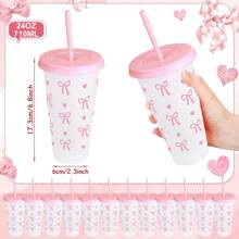 5/10pcs Pink And Red Ribbon Bow & Heart Plastic Tumblers With Straws And Lids, Ribbon Bow Flat Bottomed Cup, Pink Plastic Cup, Coffee Mug, Reusable, Suitable For Cold Drinks, Home, Office, Decoration, Party Gifts, Daily Use, Weddings, Commemoration Day, Afternoon Tea, Valentine's Day, Birthday, Parties, Water Bottle Back To School