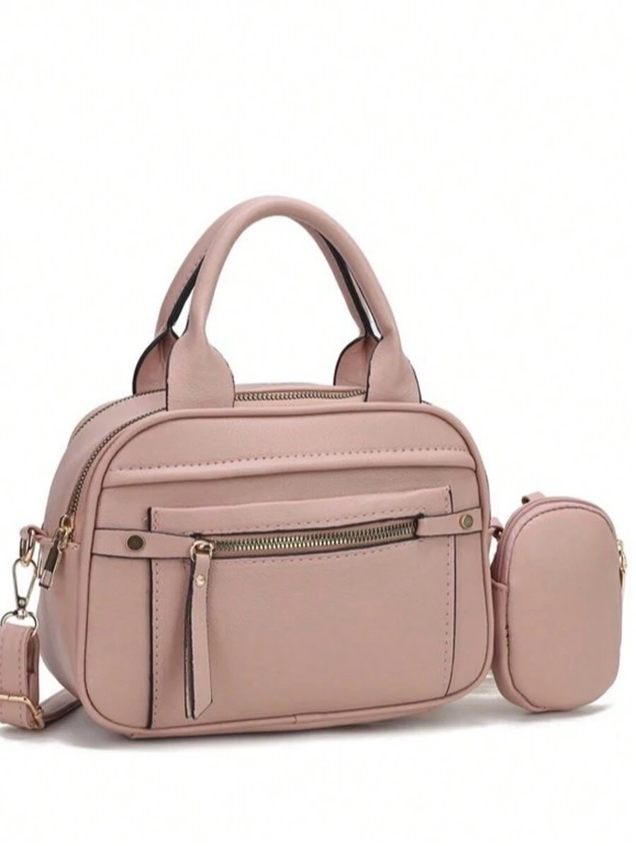 Modern Women's Handbag With Multiple Zippers For Carrying - Pink - View 1