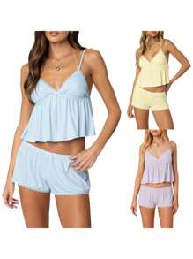 Women's Summer Lounge Set Sleeveless V Neck Cami Tops Lace Trim Shorts Sleepwear - Màu tím - Xem 7