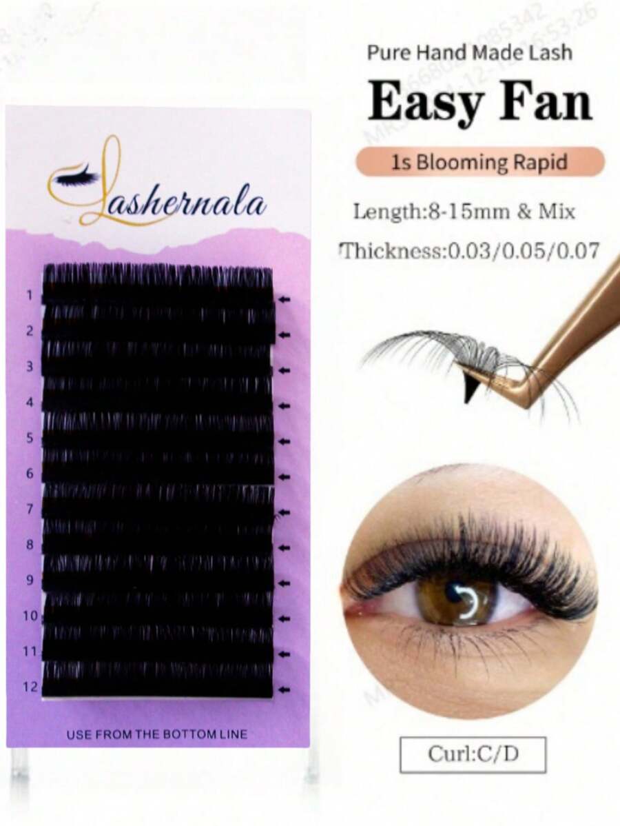 Set di extension ciglia individuali in seta e cashmere morbide e naturali con arricciatura a C, 12 file, in nero opaco, lunghezza 8-15mm, ideali per artiste del trucco e saloni di bellezza - C - Visualizzare 1