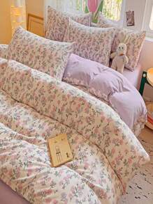 3pcs Soft And Comfortable Ins Style Pink Small Floral Double-Layer Yarn, 1 Duvet Cover+2 Pillowcases Set - 花開滿樹 - 查看 3