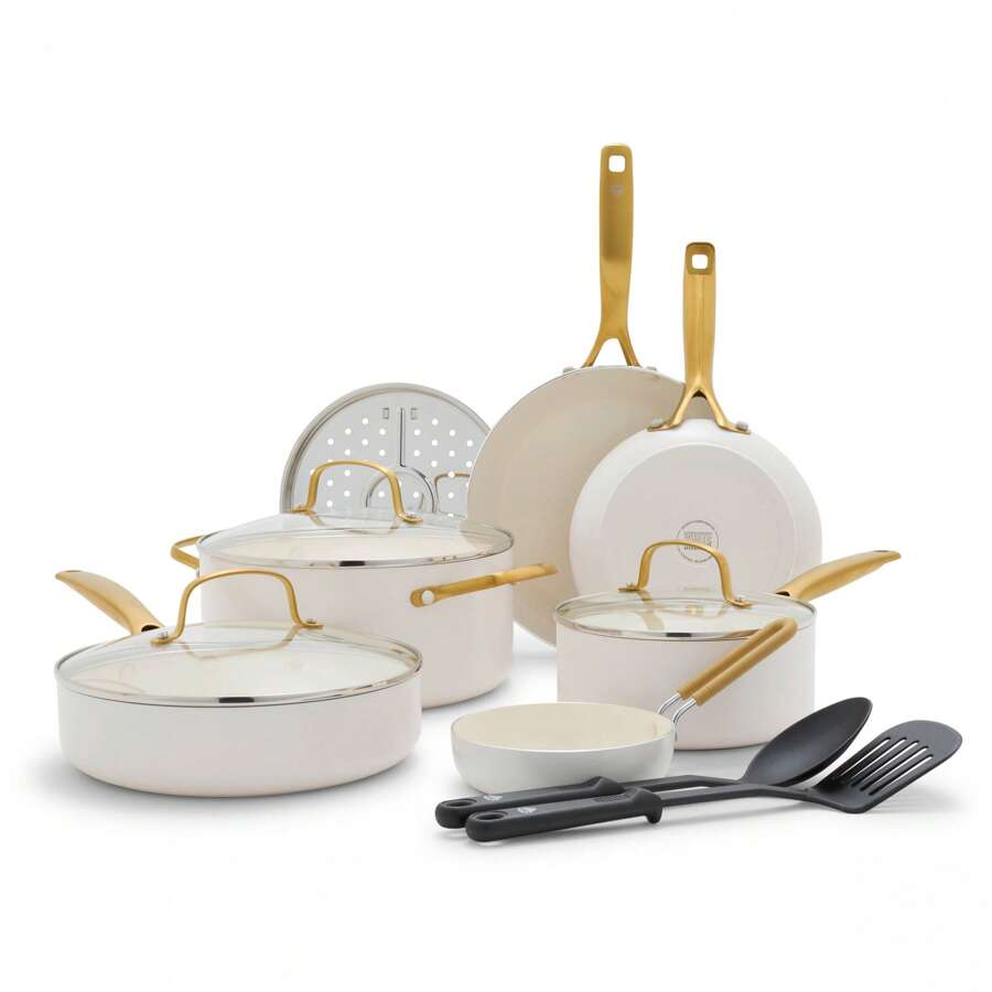 Blue Diamond White 12 Piece Nonstick Aluminum Pot And Pan Cookware Set, Gold - White - View 1