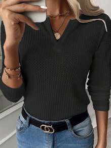 Camisa de manga larga con cuello de pico de malla de color sólido para mujer - Negro - Ver 3