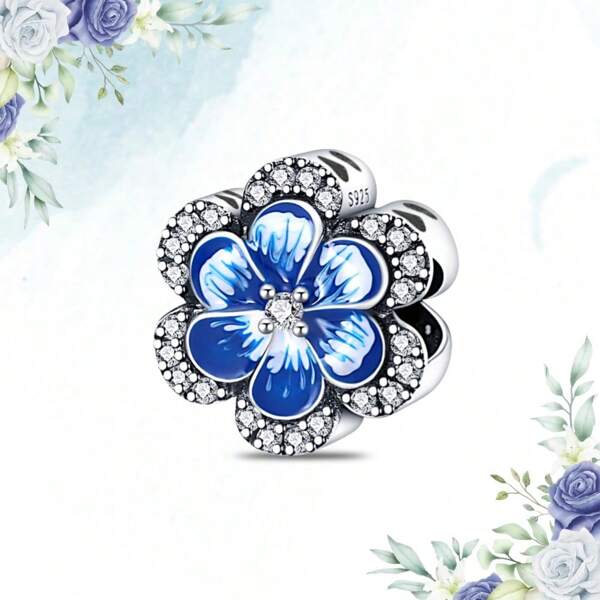 Un cadeau de bijoux de Noël en argent sterling 925 pour la Saint-Valentin, charme de fleur douce DIY, charme de fleur bleue en pierre précieuse imitation, charme de goutte d'huile à dégradé de fleur, convient pour la fabrication de bracelets et de colliers. Beau cadeau de la Saint-Valentin.