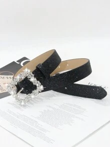 1pc Women's Crystal Embellished Buckle Shiny Sequin PU Leather Belt, Elegant And Casual For Dress And Outfit Pairing Valentines Summer, School