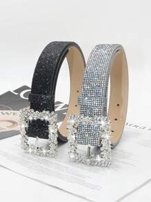 1pc Women's Crystal Embellished Buckle Shiny Sequin PU Leather Belt, Elegant And Casual For Dress And Outfit Pairing Valentines Summer, School