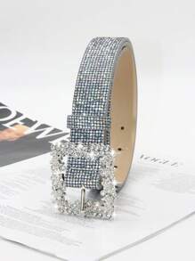 1pc Women's Crystal Embellished Buckle Shiny Sequin PU Leather Belt, Elegant And Casual For Dress And Outfit Pairing Valentines Summer, School