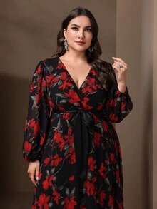 Plus-Size Elegant Flower Print Lantern Sleeve Ultra Long Dress - Multicolor - View 6