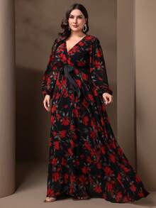 Plus-Size Elegant Flower Print Lantern Sleeve Ultra Long Dress - Multicolor - View 3