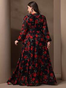 Plus-Size Elegant Flower Print Lantern Sleeve Ultra Long Dress - Multicolor - View 2