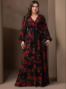 Plus-Size Elegant Flower Print Lantern Sleeve Ultra Long Dress - Multicolor - View 1