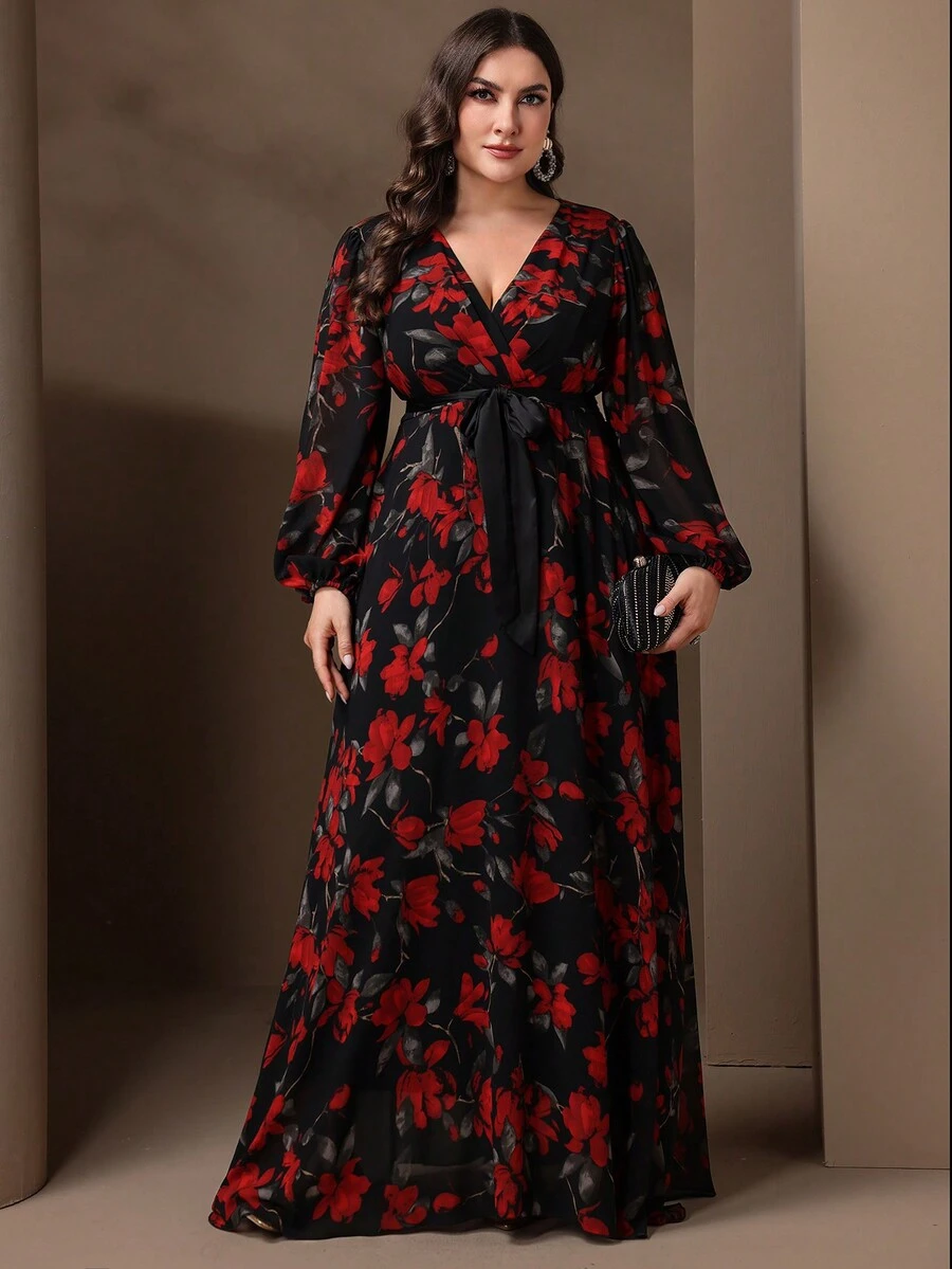 Plus-Size Elegant Flower Print Lantern Sleeve Ultra Long Dress - Multicolor - View 1