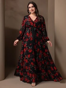 Plus-Size Elegant Flower Print Lantern Sleeve Ultra Long Dress - Multicolor - View 5