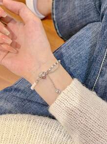 2pcs Inlaid Square Zirconia Rhinestone Chain Bracelet For Women Pink Pearl Heart Bracelets Bangles Wristband Valentine's Day Jewelry Gift For Girl