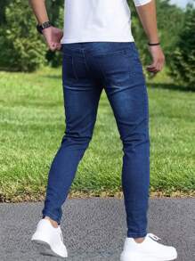 1pc Men Skinny Distressed Denim Jeans, Elastic Breathable Casual Cargo Pants With Pockets, Solid Color Suitable For Urban Walking, Family Outdoor Activities, All Season - Màu xanh lam - Xem 2