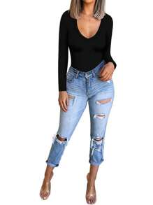 OUTBALL Womens Causal Deep V Neck Long Sleeve Shirts Modal Slim Fit Basic Tee Tops - 黑色 - 查看 3