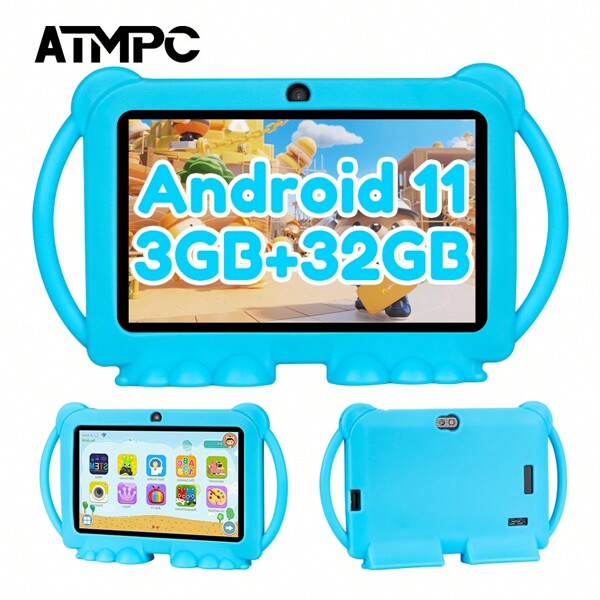 ATMPC Tablet per bambini Android 11, tablet da 7 pollici, 3 GB di RAM + 32 GB di ROM con WiFi 2,4 G, schermo di protezione per gli occhi, tablet didattico per bambini, regali di Capodanno