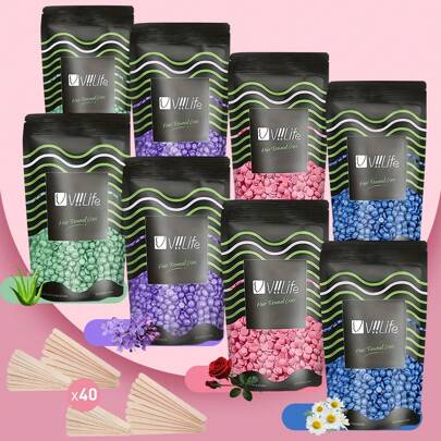 Viilife Painless Hard Wax Beads For Hair Removal Kit- 50g*8+40pcs Sticks, Ideal For Full Body, Brazilian, Bikini, Face & Legs - Suitable For All Skin Types, At-Home Use For Women & Men