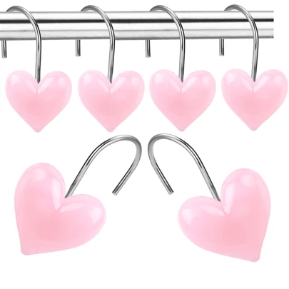 12pcs Heart Shaped Shower Curtain Hooks, Resin Decorative Heart Curtain Rings, Bathroom Accessories, Bathroom Decor, Curtain Hooks