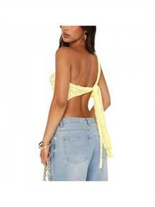 Women Lace Tank Sleeveless One-Shoulder Backless Irregular Summer Crop Tops Clubwear For Party - 黃色 - 查看 5