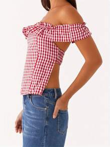 Women's Summer Slim Tops Short Sleeve Off Shoulder Open Back Plaid T-Shirt - Red - View 5