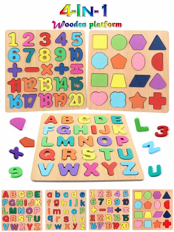 Rompecabezas de madera para niños pequeños, 4 paquetes de rompecabezas de formas del alfabeto para niños, 4 rompecabezas Montessori de madera para niños pequeños, rompecabezas de madera con letras del alfabeto, números y formas, juguetes de aprendizaje rompecabezas, rompecabezas de madera con letras, números y formas para niños de 3 años, niños y niñas (bloques de letras y números con colores aleatorios)