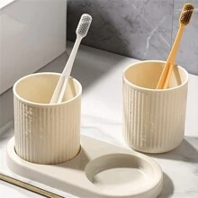 1 pieza Juego de 3 piezas: Vaso para enjuague bucal de unicolor, Vaso para cepillo de dientes de pareja, Vaso de baño familiar con bandeja, Juego de vasos para enjuague bucal, Disponible en negro/blanco para volver a la escuela
