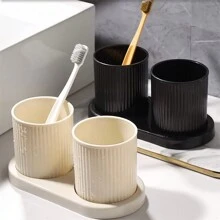 1 pieza Juego de 3 piezas: Vaso para enjuague bucal de unicolor, Vaso para cepillo de dientes de pareja, Vaso de baño familiar con bandeja, Juego de vasos para enjuague bucal, Disponible en negro/blanco para volver a la escuela