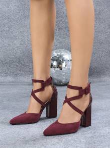 Chunky Heel Closed Toe Slingback High Heels, Thick Strap Pumps - Burgundy - View 3