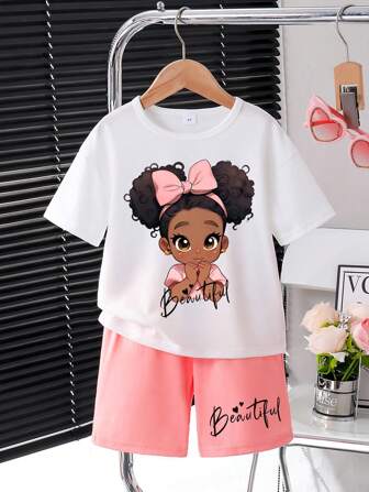 小女孩卡通图案印花短袖T恤和短裤套装