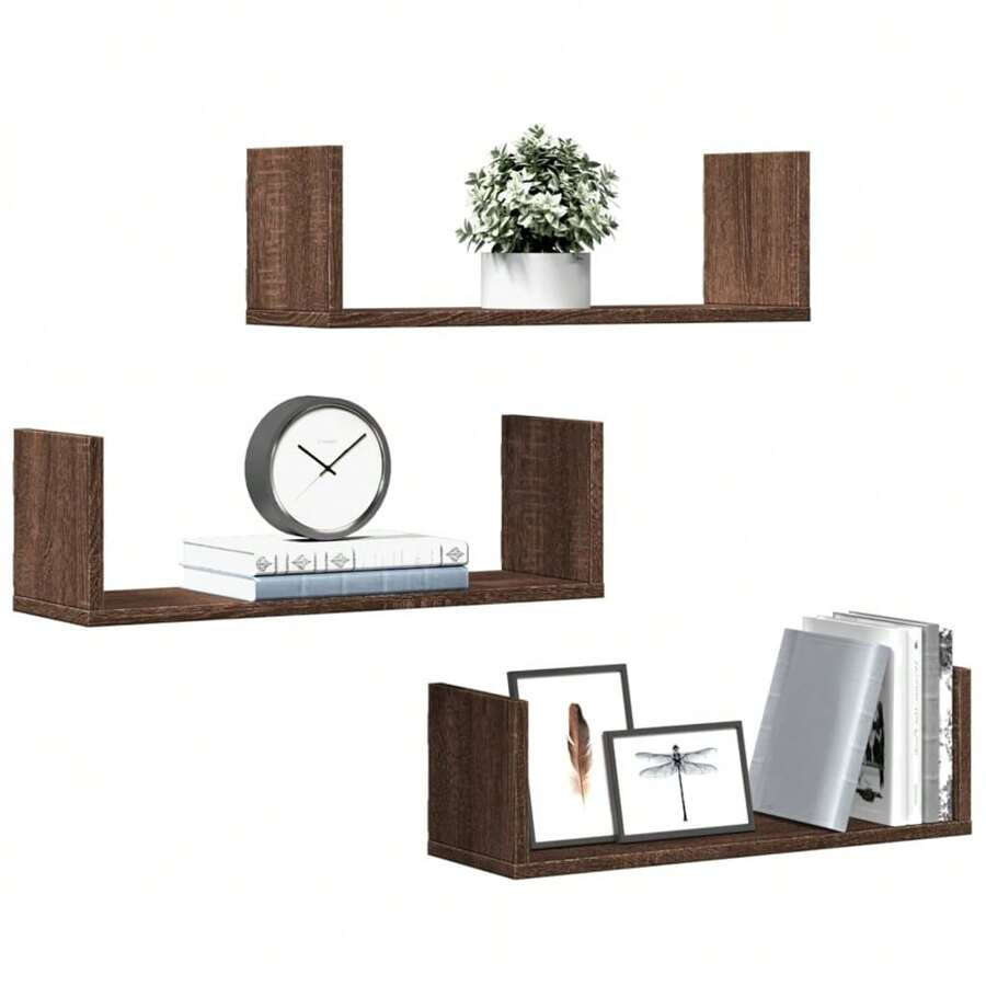 Wooden Wall Shelves Set Of Three Brown Oak 58 Cm Engineered Wood Storage Display Shelving Unit - Brown - View 1