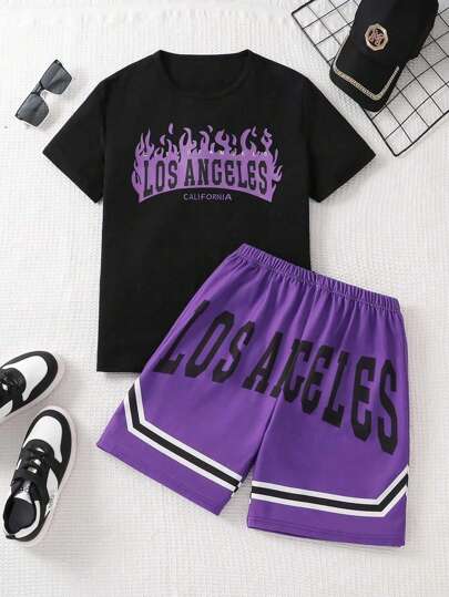 2pcs/Set Teenage Boys' Los Angeles Flame Letter Print Short Sleeve T-Shirt & Shorts Sports Suit, Summer