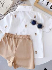 年轻女孩 2 件套运动服休闲简约刺绣小熊短袖门襟上衣短裤衣服套装夏季